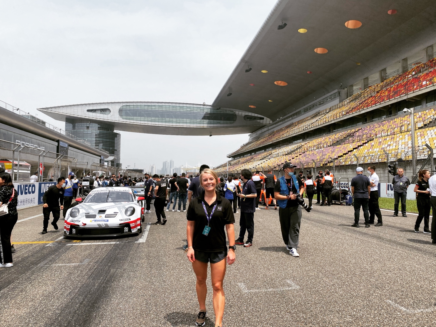Flora as the lead physiotherapist at the Porsche Carrera Cup Asia in 2021 at the Shanghai Formula 1 Circuit.