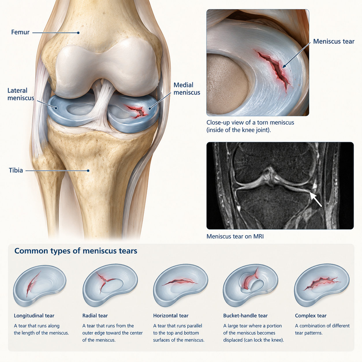 Meniscus anatomy infographic showing the femur, tibia, medial and lateral menisci, an illustrative MRI view, and longitudinal, radial, horizontal, bucket-handle and complex tear patterns